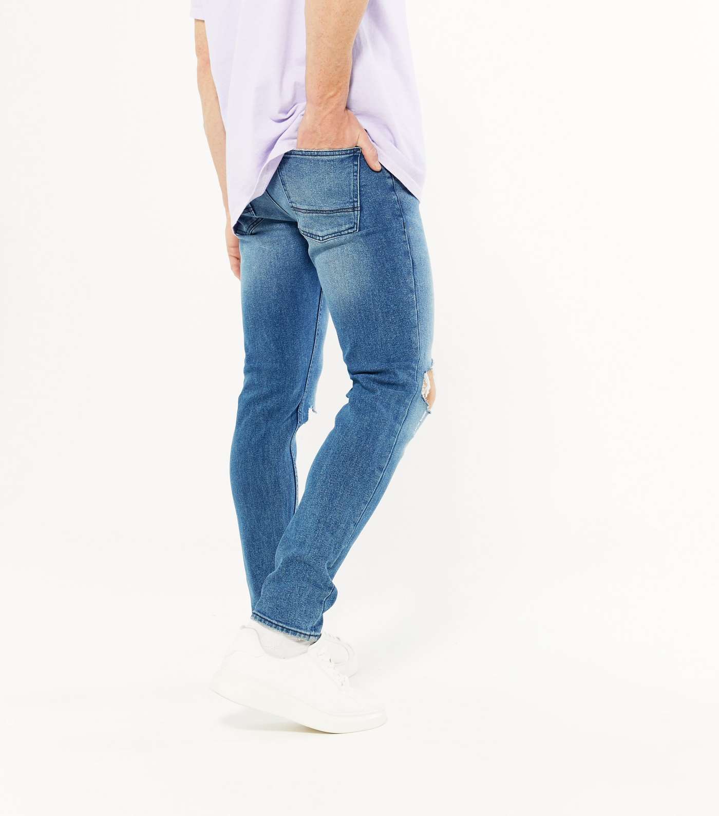 Blue Mid Wash Ripped Knee Skinny Stretch Jeans Image 4