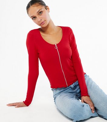 Red Ribbed Long Sleeve Zip Cardigan New Look