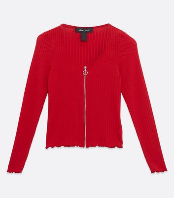 Red Ribbed Long Sleeve Zip Cardigan