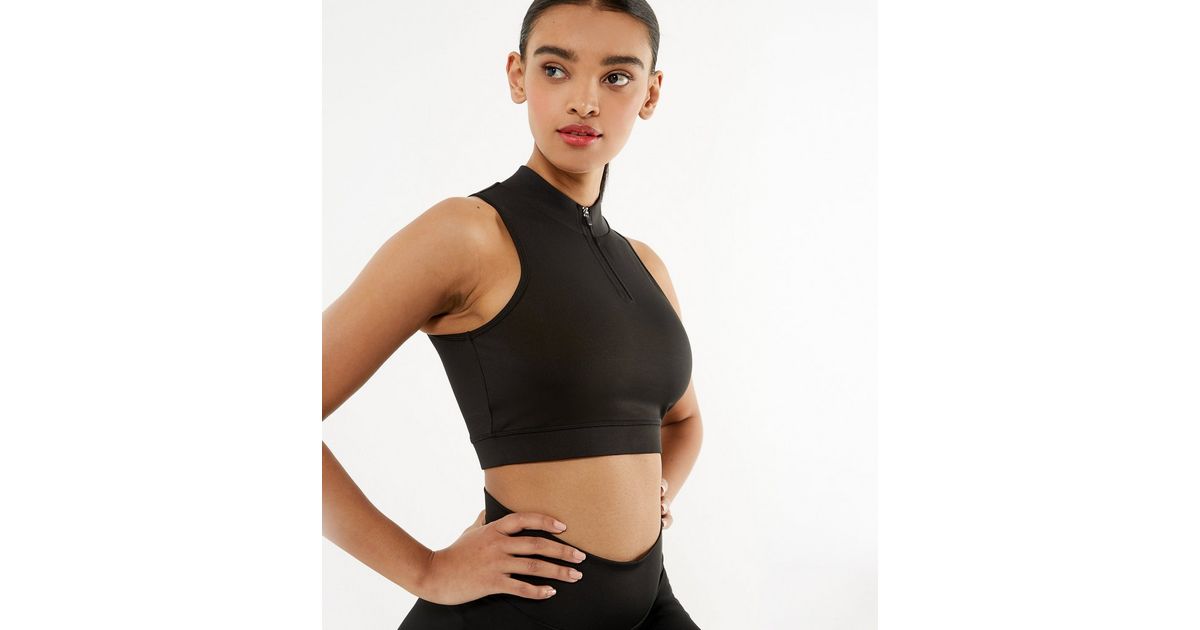 Black Ribbed High Neck Sports Crop Top | New Look