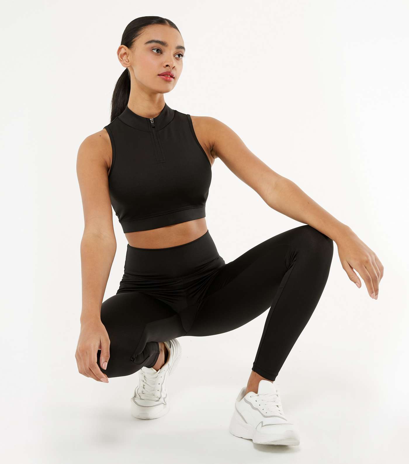Black Ribbed High Neck Sports Crop Top Image 2
