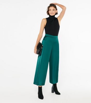 Dark Green Satin Crop Trousers | New Look