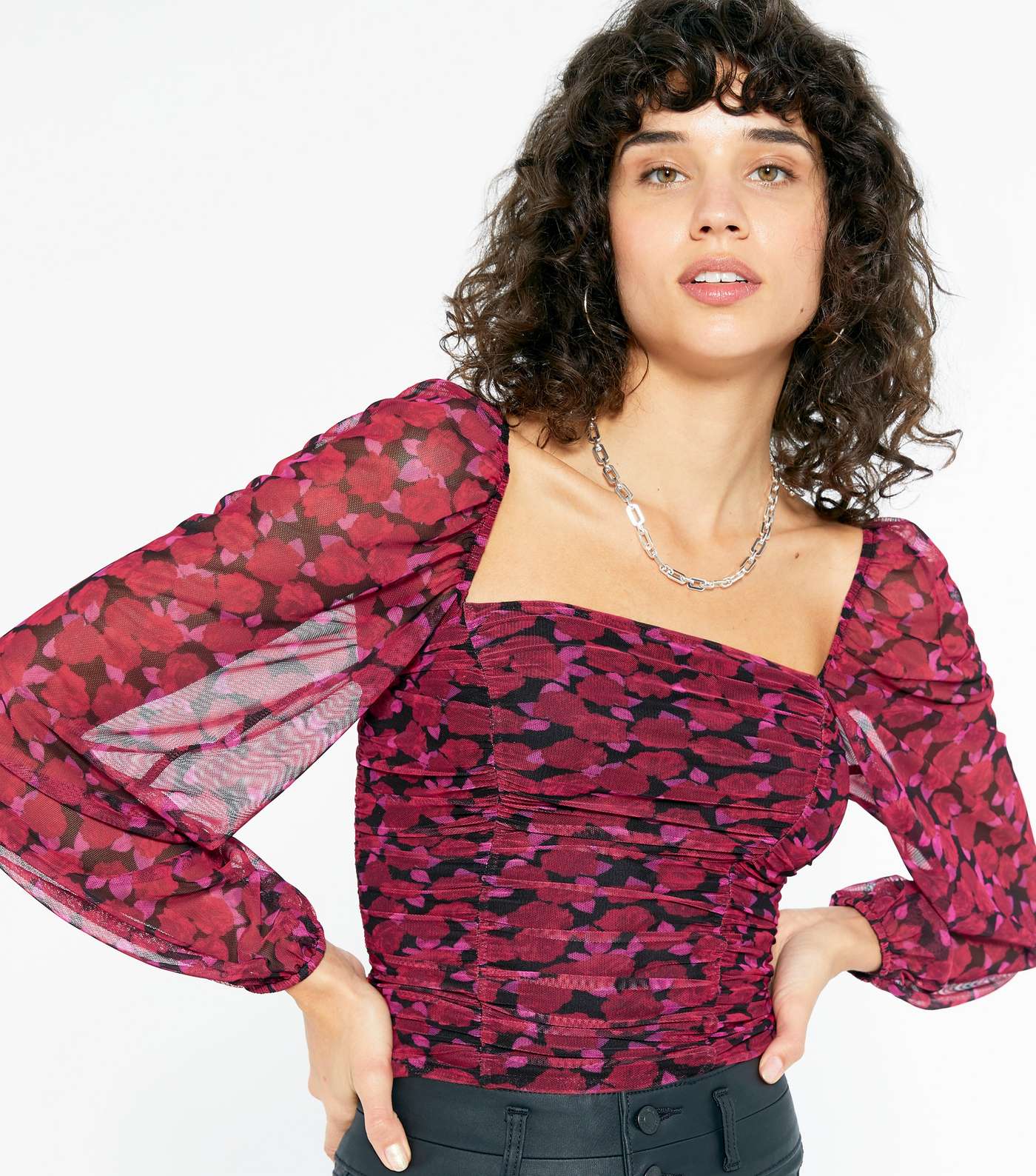 Pink Floral Chiffon Ruched Square Neck Top  Image 4