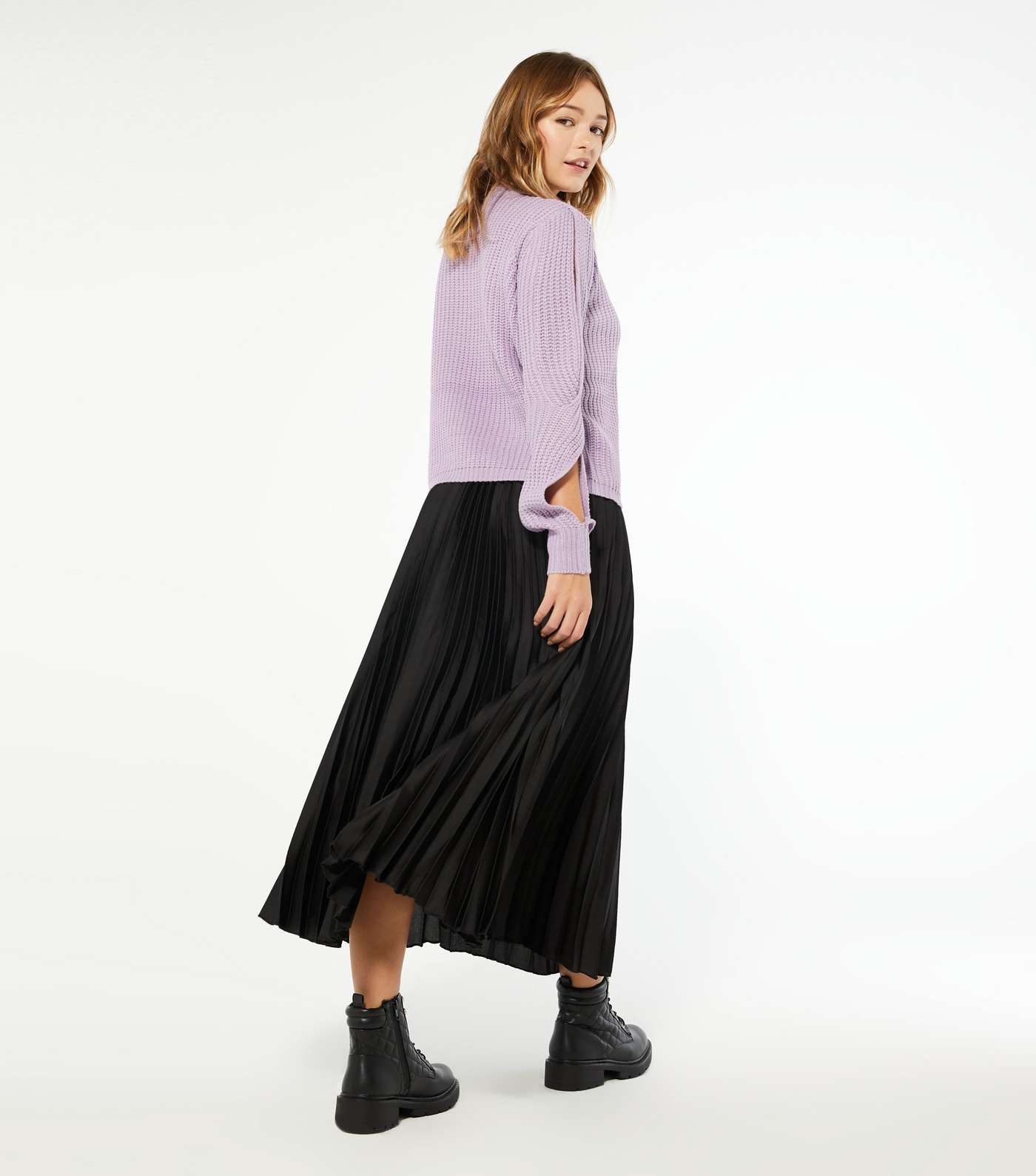 Black Pleated Satin Midi Skirt  Image 3