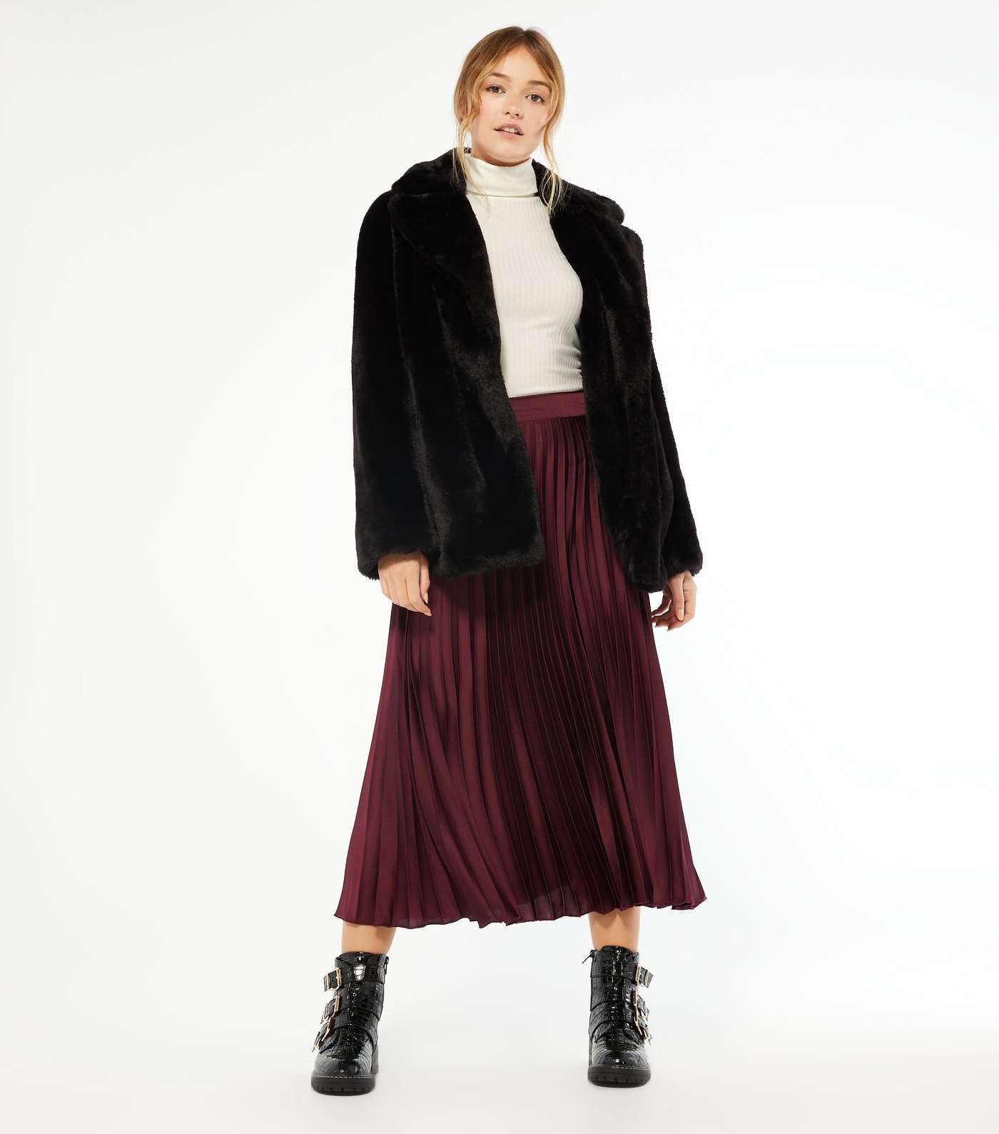 Burgundy Pleated Satin Midi Skirt 