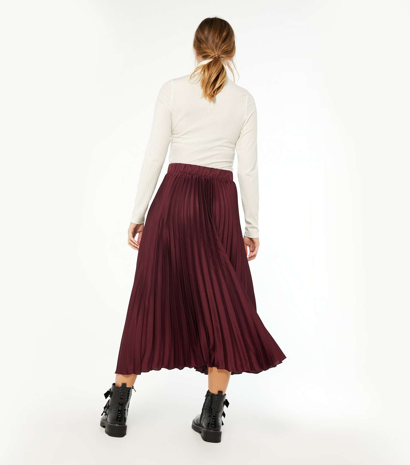 Burgundy Pleated Satin Midi Skirt  Image 3