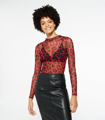 red leopard print mesh top