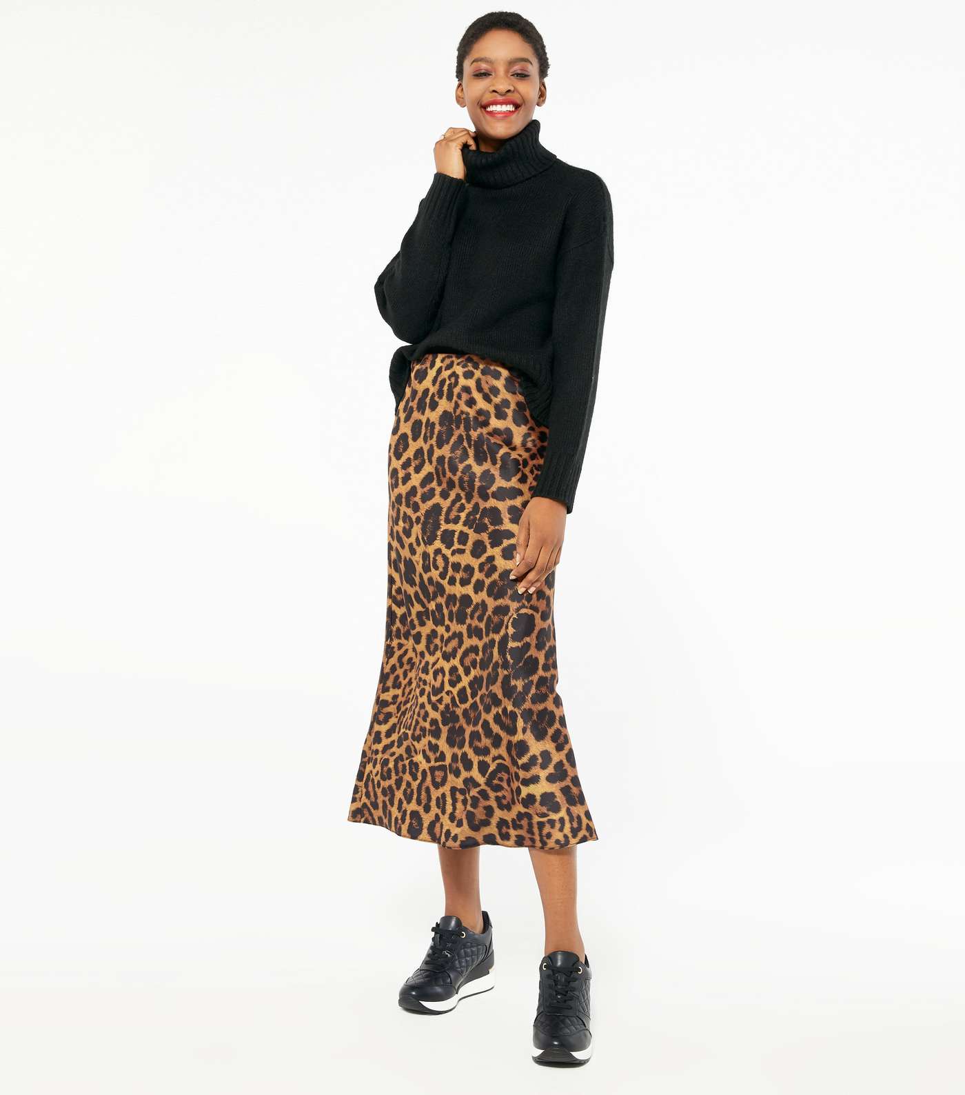 Brown Leopard Print Bias Cut Satin Midi Skirt 