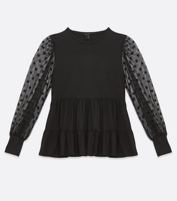 Image of Black Spot Mesh Peplum Top New Look