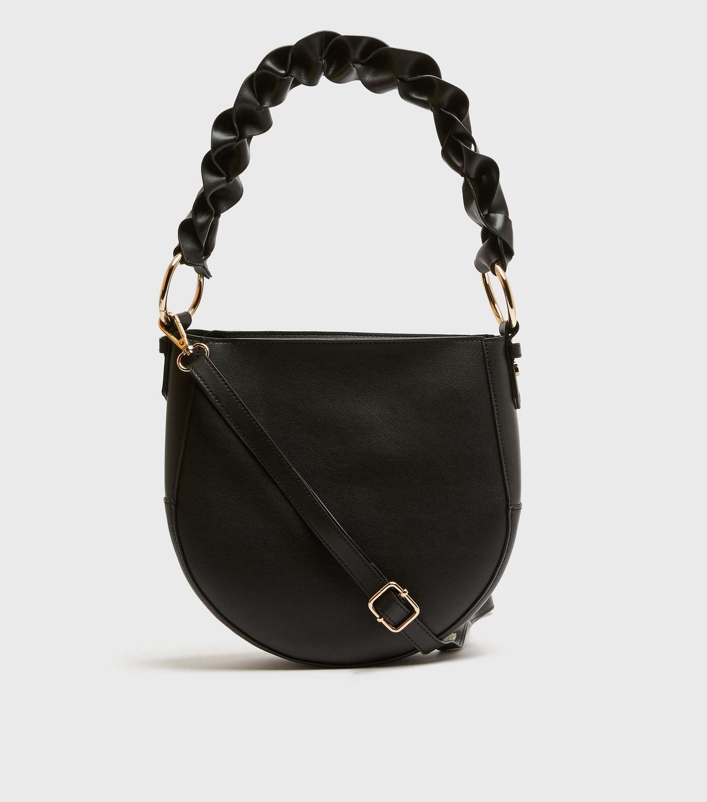 Black Leather-Look Ruched Strap Saddle Bag