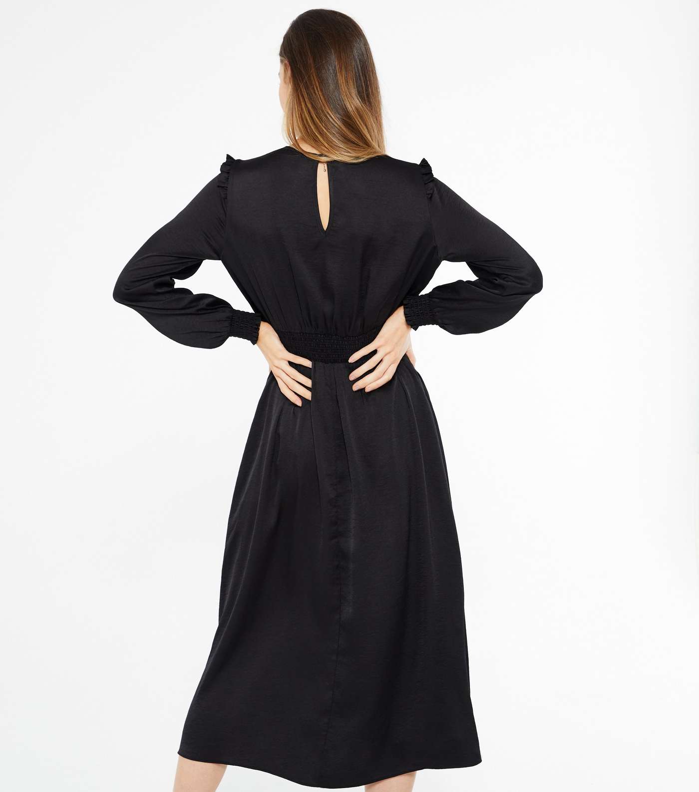 Black Satin Frill Midi Dress  Image 3