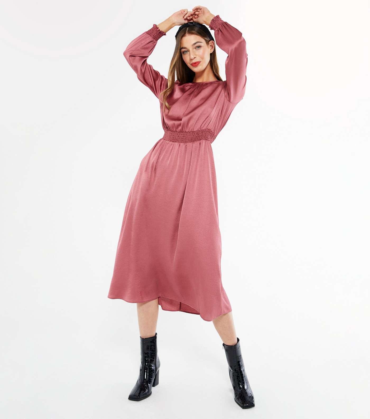 Mid Pink Satin Frill Midi Dress  Image 2