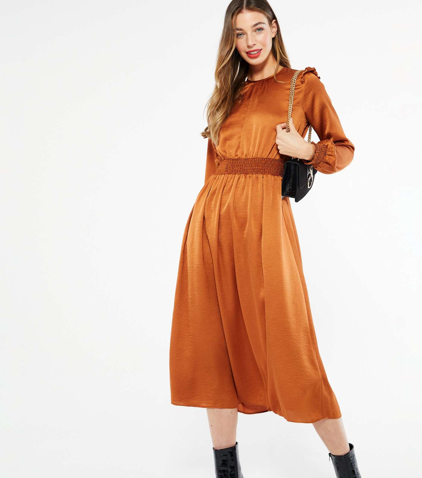 Orange Satin Frill Midi Dress 
