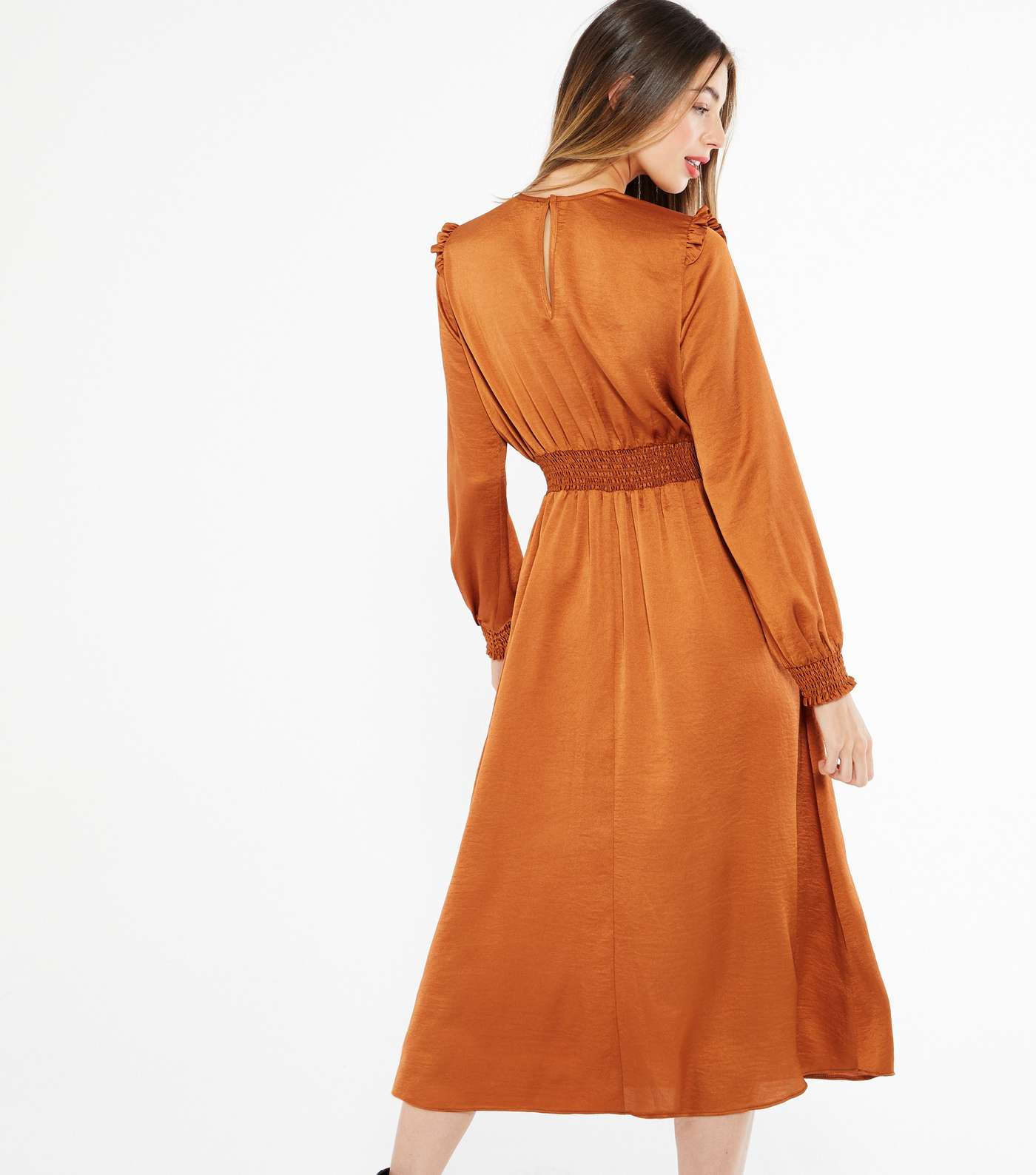 Orange Satin Frill Midi Dress  Image 3