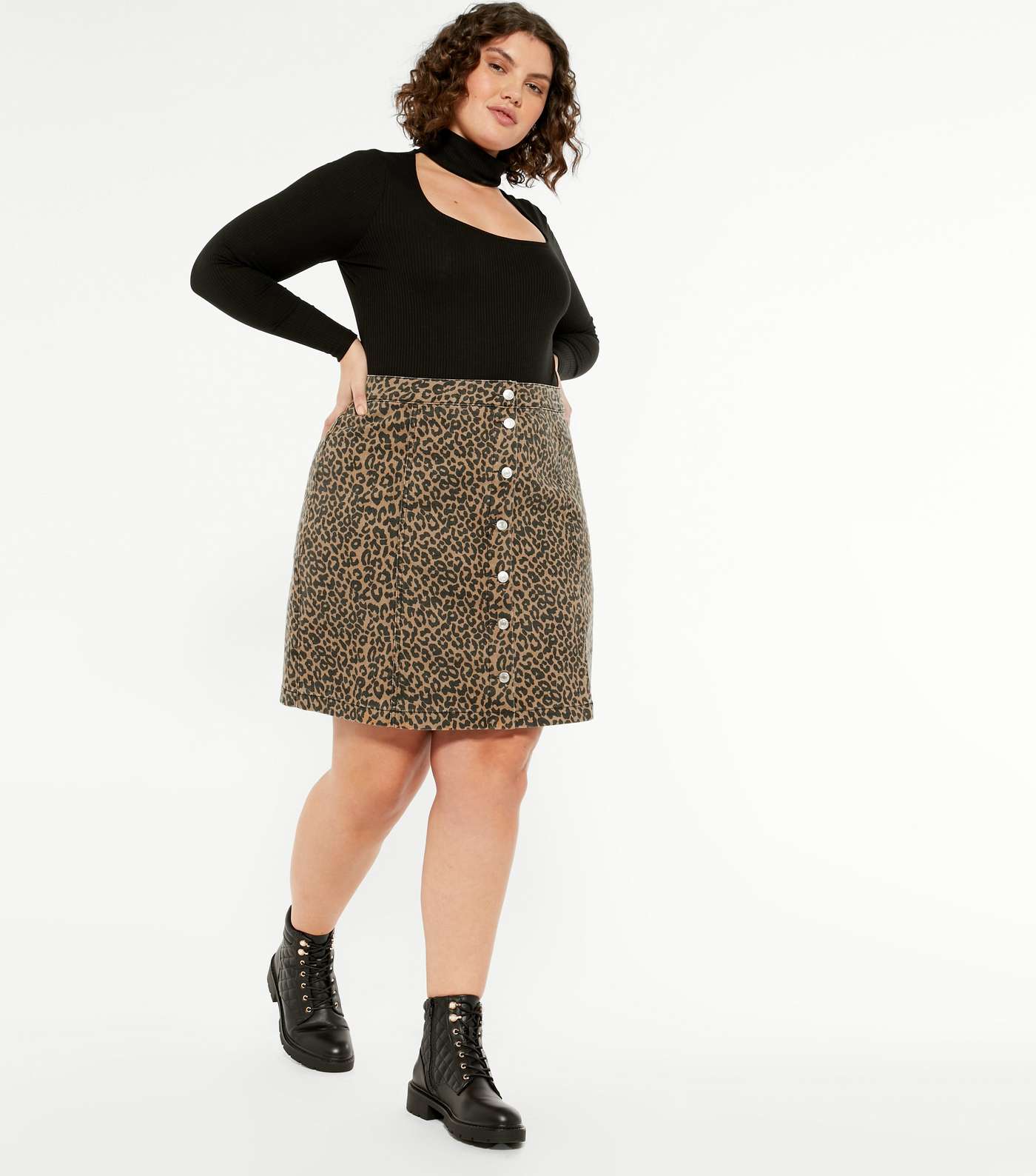 Curves Brown Leopard Print Denim Mini Skirt