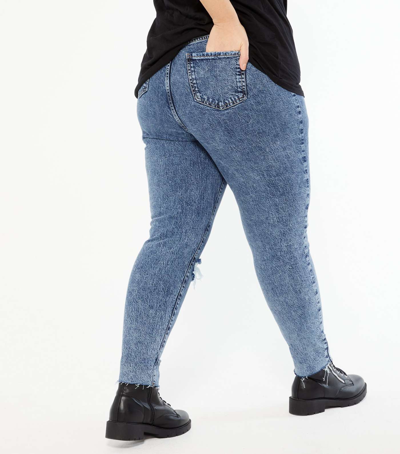 Curves Blue Acid Wash Ripped Knee Tori Mom Jeans Image 3