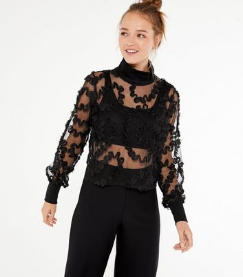 Image of Cameo Rose Black Organza Ruffle High Neck Top New Look