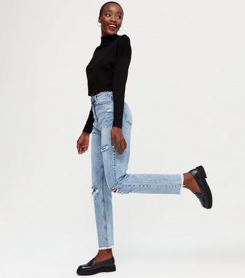 Tall Pale Blue Ripped Knee Waist Enhance Tori Mom Jeans | New Look