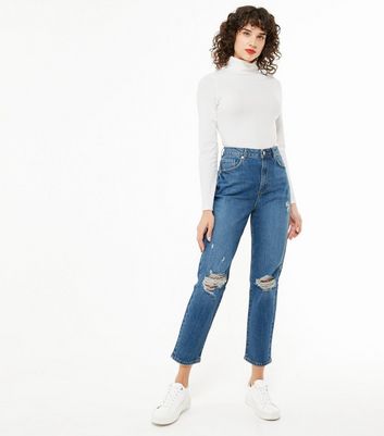 blue ripped high waist tori mom jeans