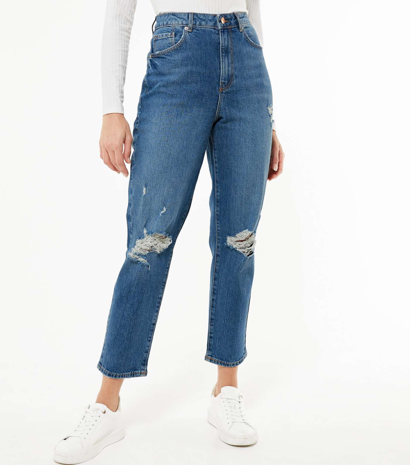 Blue Mid Wash Ripped High Waist Tori Mom Jeans Image 2