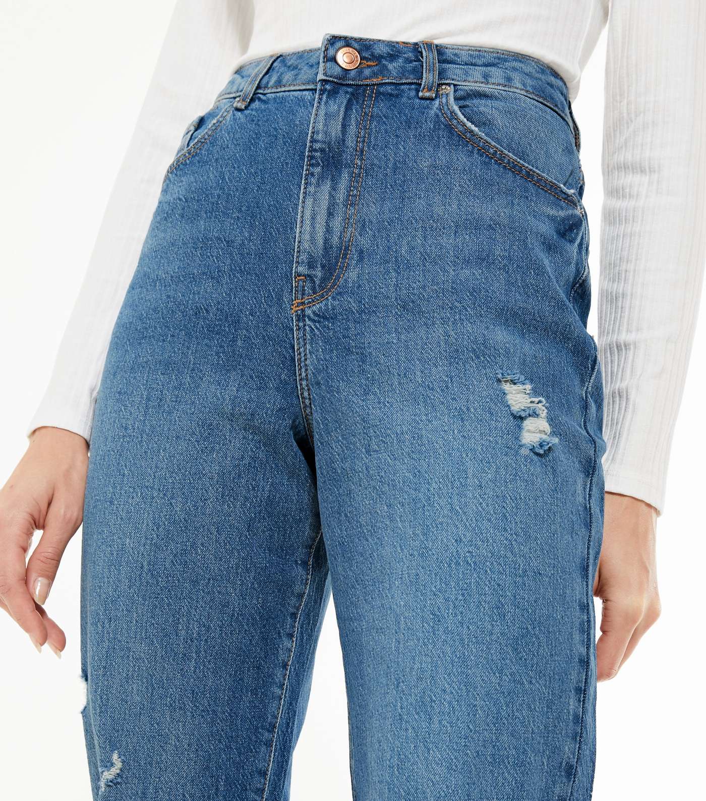 Blue Mid Wash Ripped High Waist Tori Mom Jeans Image 4