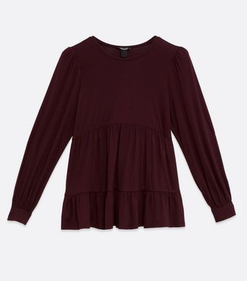 Image of Maternity Burgundy Tiered Peplum Long Sleeve Top New Look