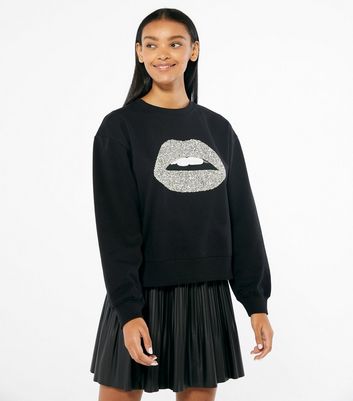 Black Embellished Lips Logo Sweatshirt New Look