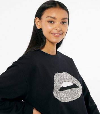 Black Embellished Lips Logo Sweatshirt New Look