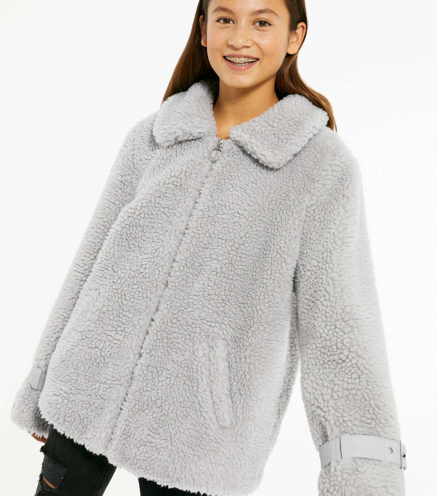 Girls Pale Grey Teddy Oversized Jacket Image 4