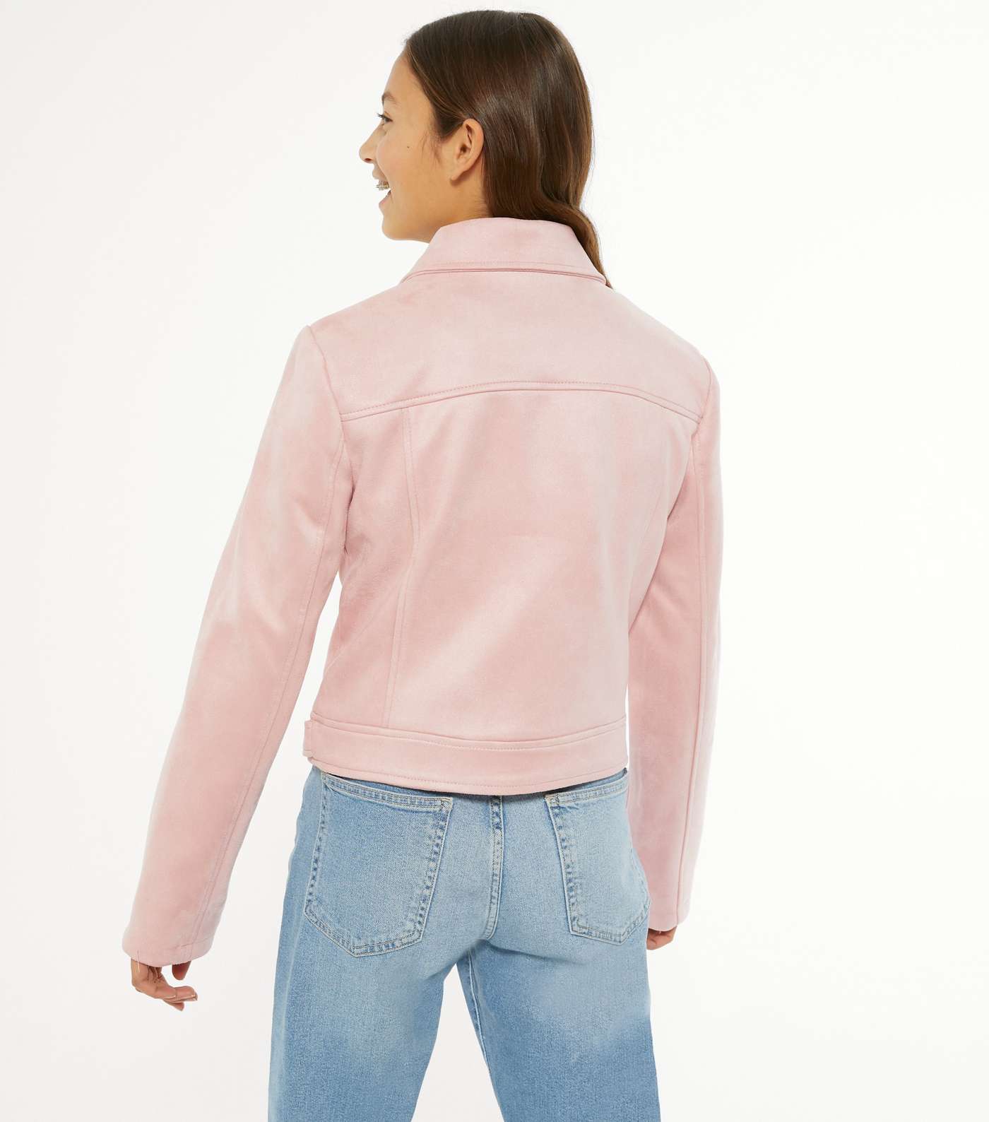 Girls Pink Suedette Biker Jacket Image 3