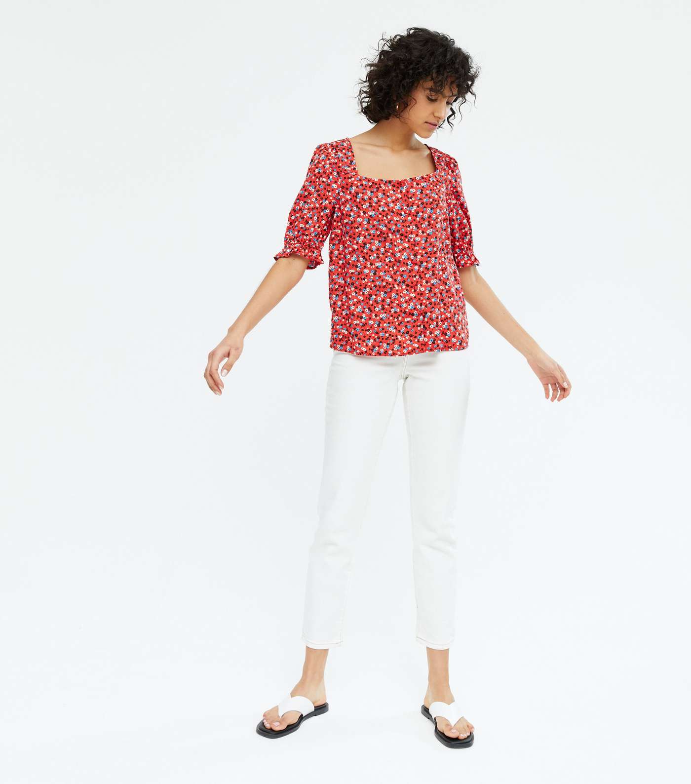 Red Ditsy Floral Square Neck Blouse Image 2