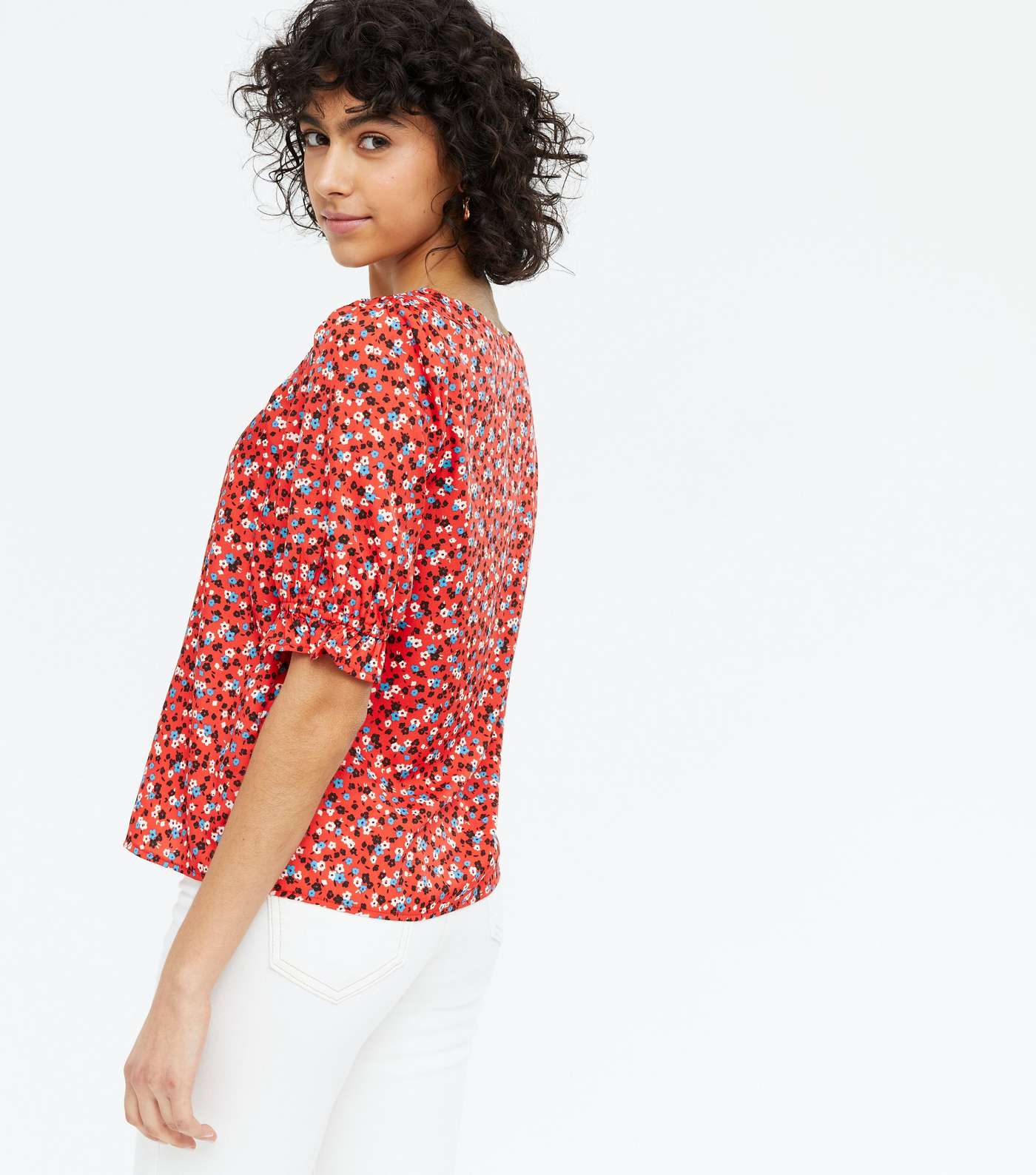 Red Ditsy Floral Square Neck Blouse Image 4