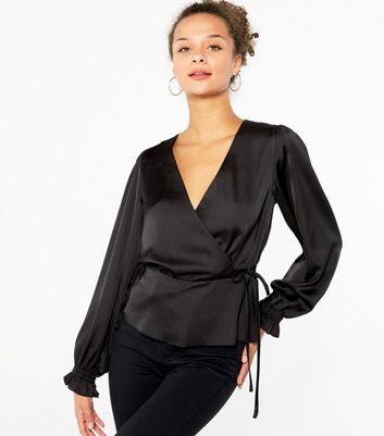 black satin wrap blouse