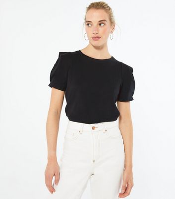Black Fold Puff Sleeve T-Shirt | New Look
