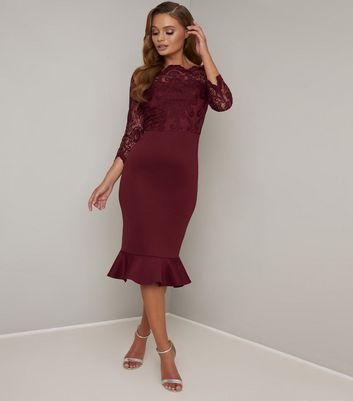 Image of Chi Chi London Burgundy Lace Bardot Midi Dress New Look