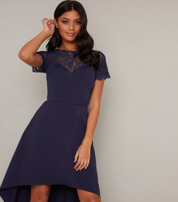 navy lace dip hem dress