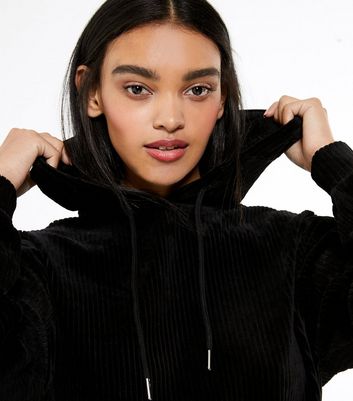 Black Ribbed Velvet Hoodie New Look