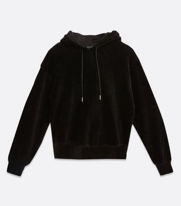 Black Ribbed Velvet Hoodie New Look