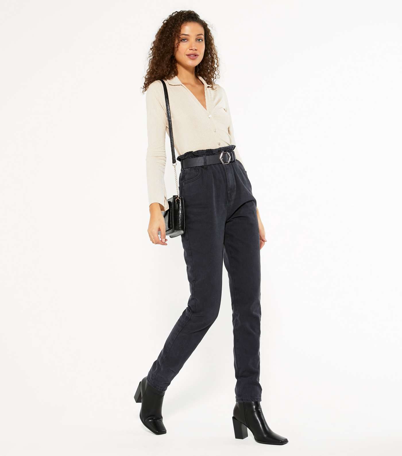 Tall Black Elasticated High Waist Tori Mom Jeans