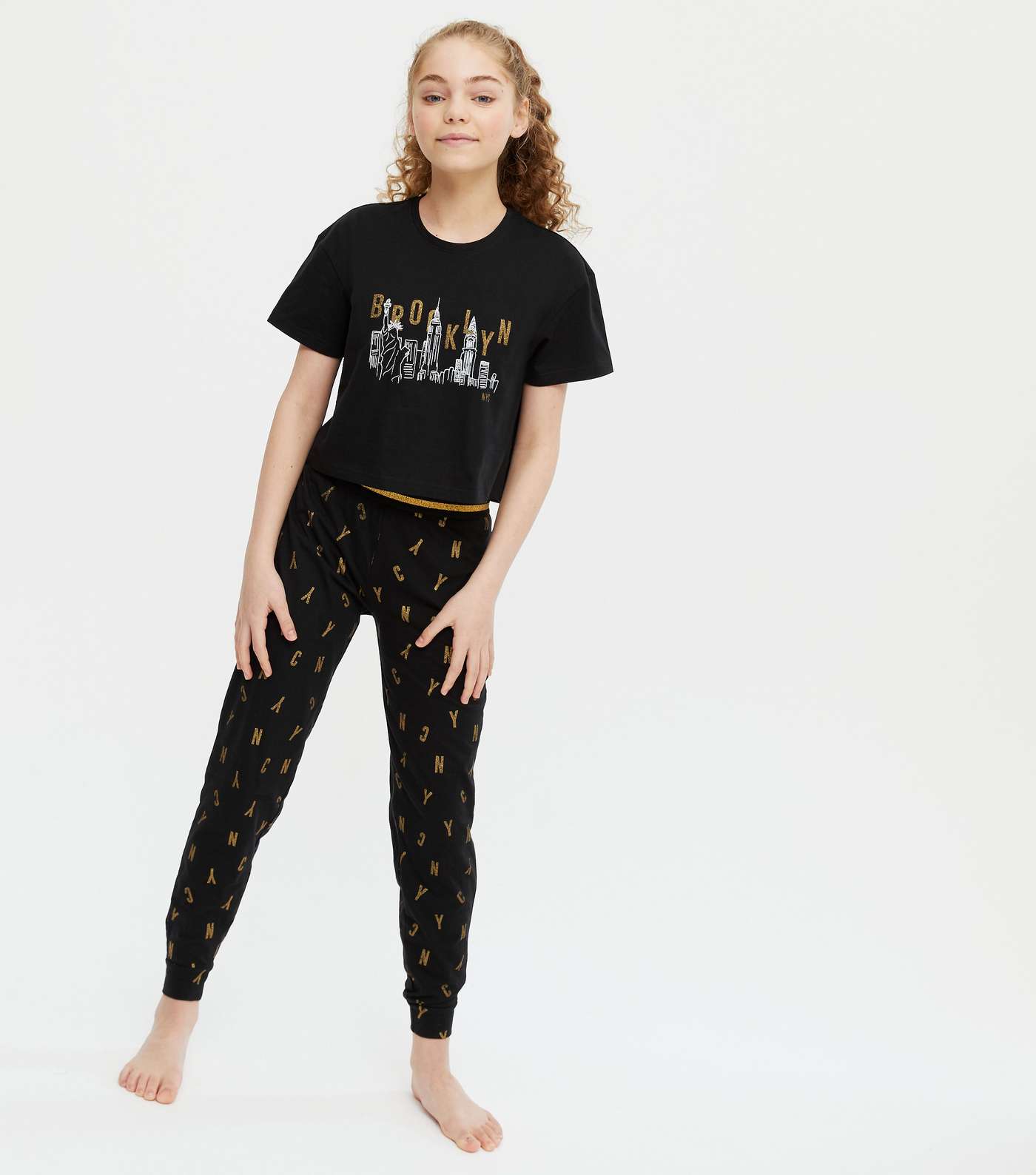 Girls Black Brooklyn Glitter Logo Jogger Pyjama Set