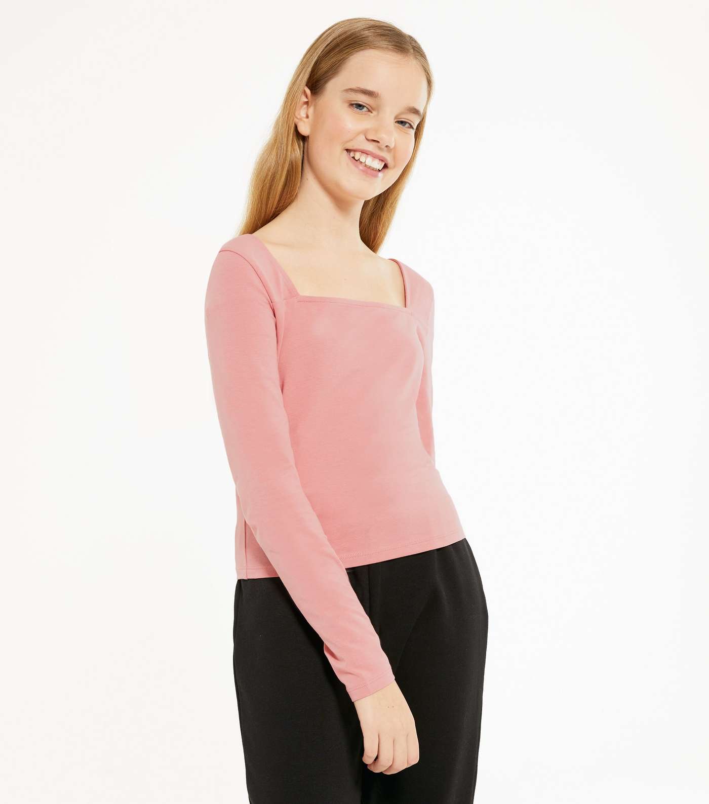 Girls Pink Square Neck Long Sleeve Top