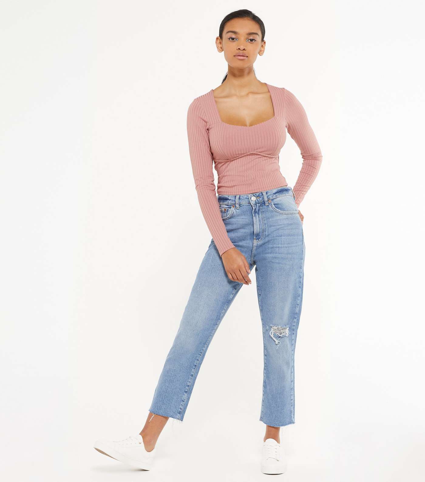 Mid Pink Ribbed Bustier Long Sleeve Top Image 2