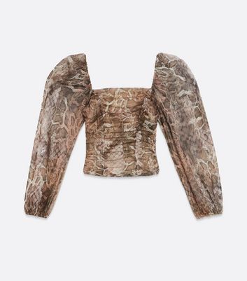 Image of Brown Snake Print Mesh Top New Look