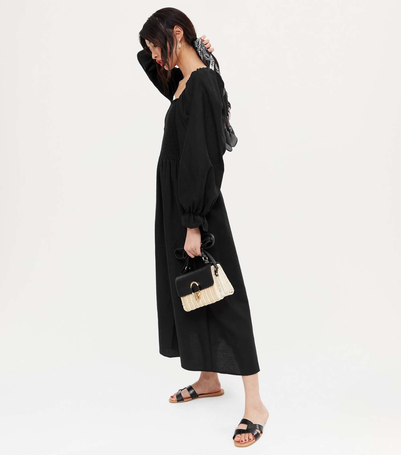 Black Shirred Puff Sleeve Midi Dress  Image 2