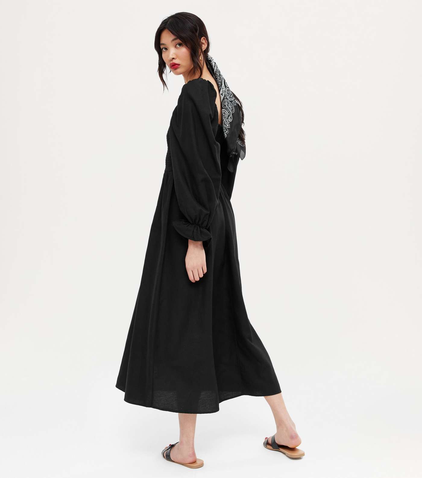 Black Shirred Puff Sleeve Midi Dress  Image 4