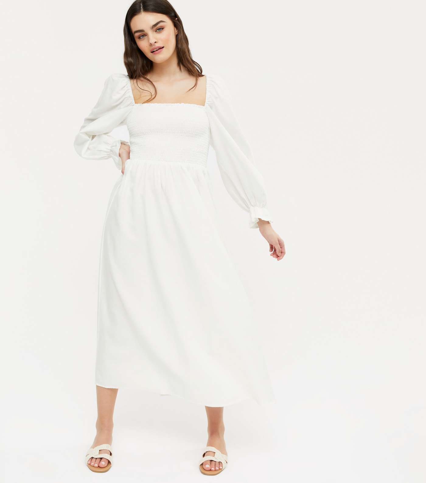 White Shirred Puff Sleeve Midi Dress  Image 2