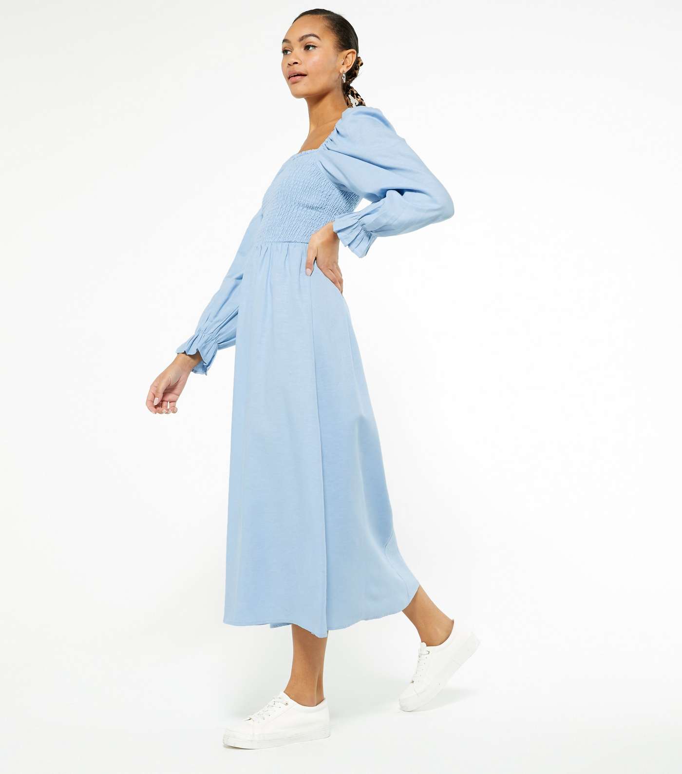 Pale Blue Shirred Puff Sleeve Midi Dress  Image 2