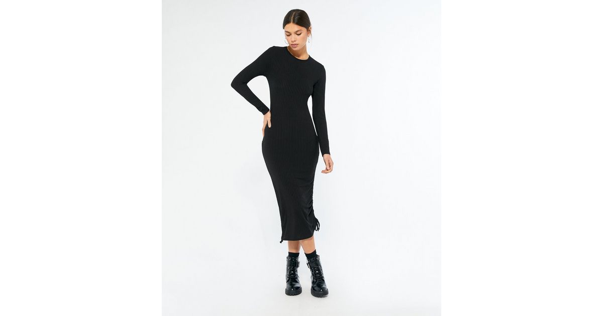 Women Black Rib Side Ruched Bodycon Maxi Dress