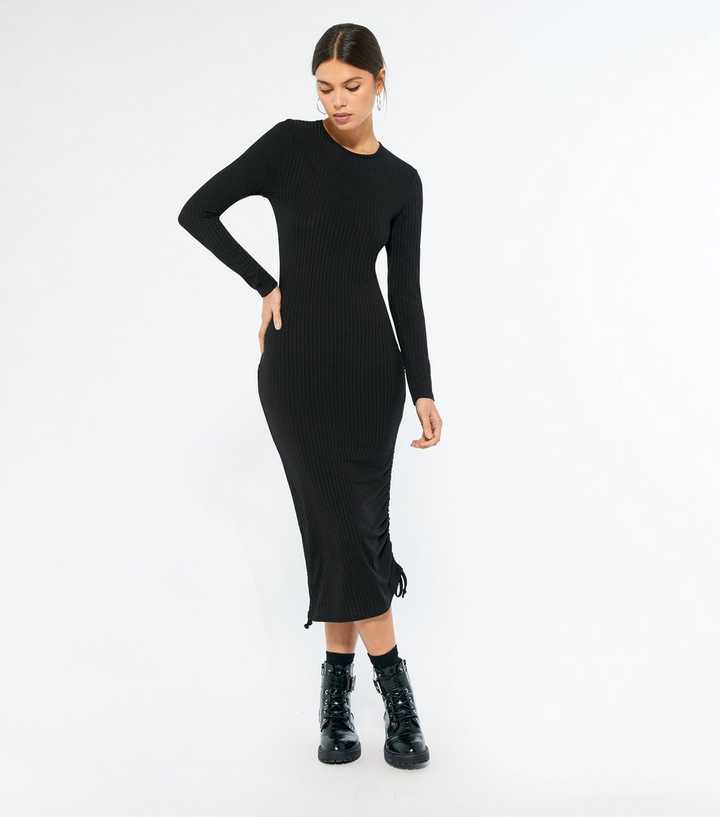 Black Ribbed Ruched Tie Side Midi Dress