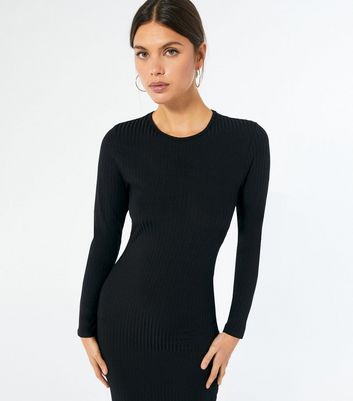 Black Ribbed Ruched Tie Side Midi Dress 